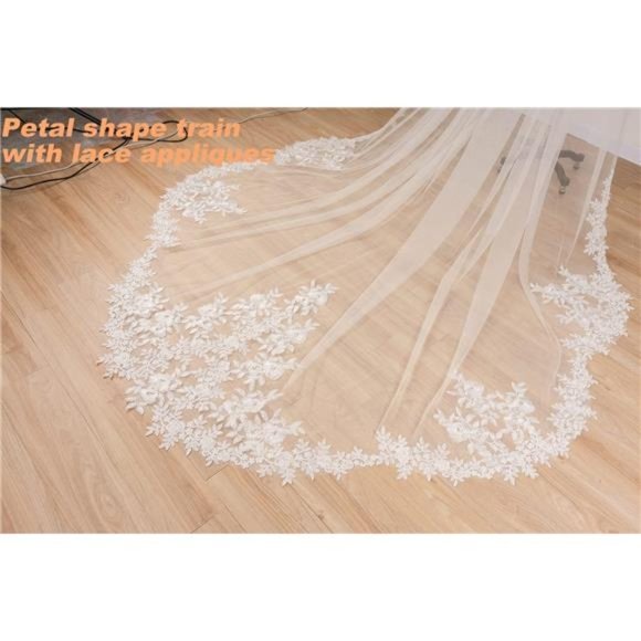 Long Cathedral Length 1 Tier Lace Wedding Bridal Veil  For Women